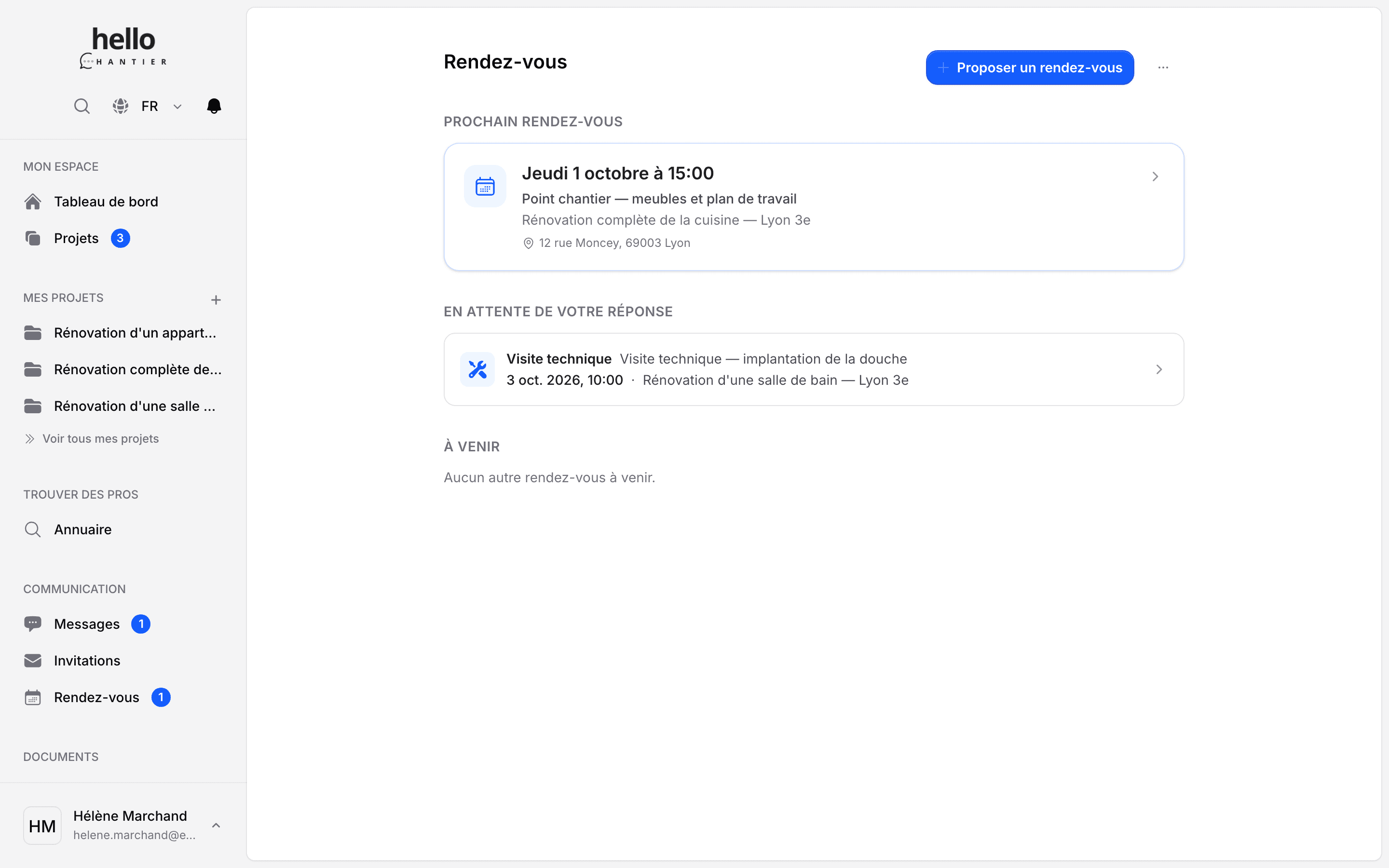 Écran des rendez-vous du projet : la liste des rendez-vous à venir, avec leur date, leur heure et les participants.
