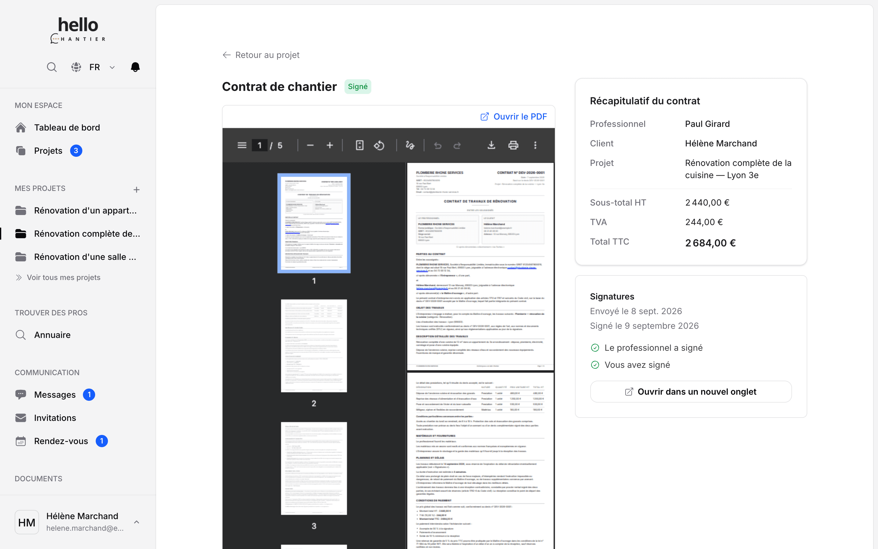 Écran du contrat signé : le statut « Signé » par les deux parties et le lien vers le PDF archivé.