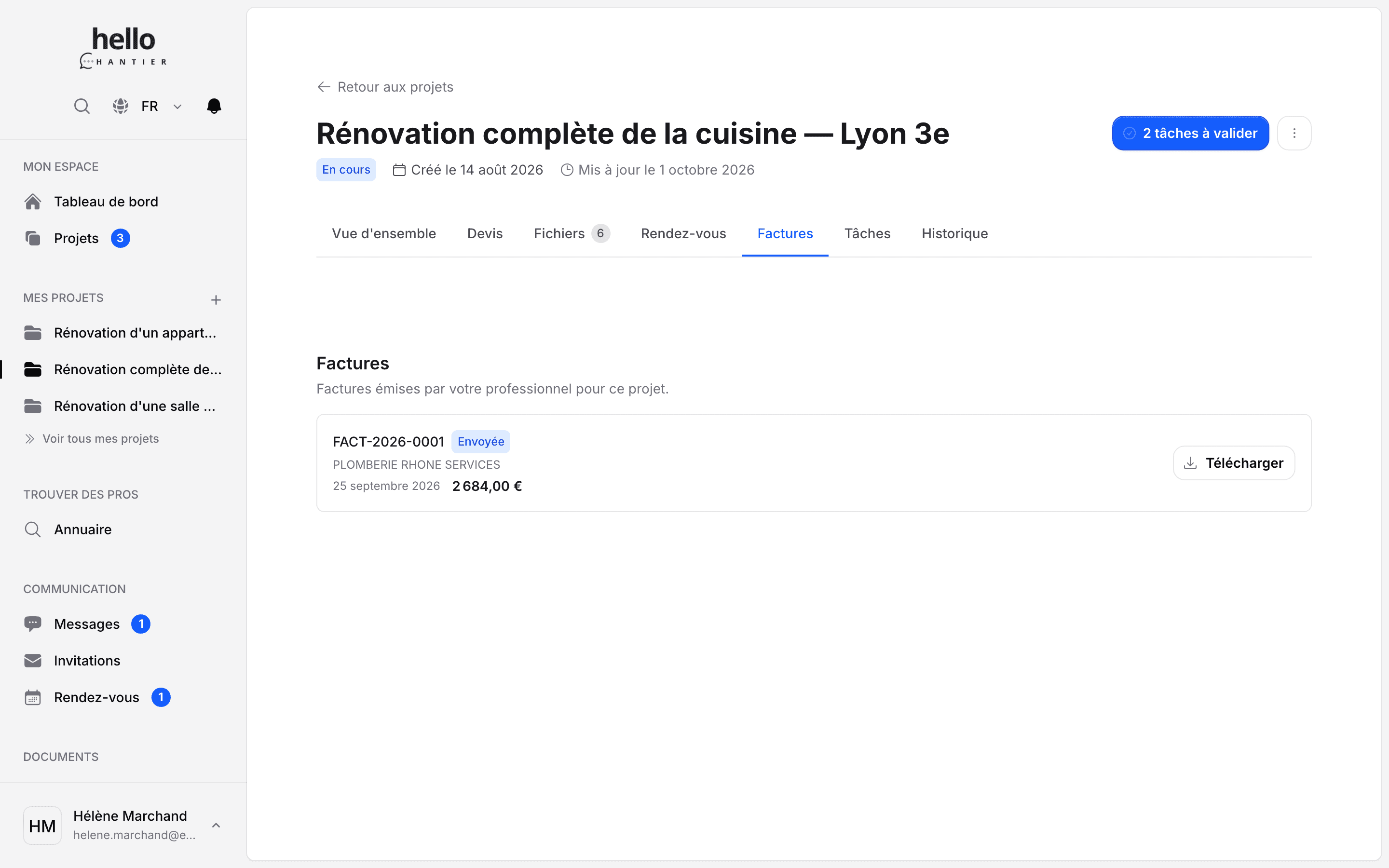 Écran des factures du projet : la liste des factures avec leur statut de règlement et l’accès aux documents archivés.
