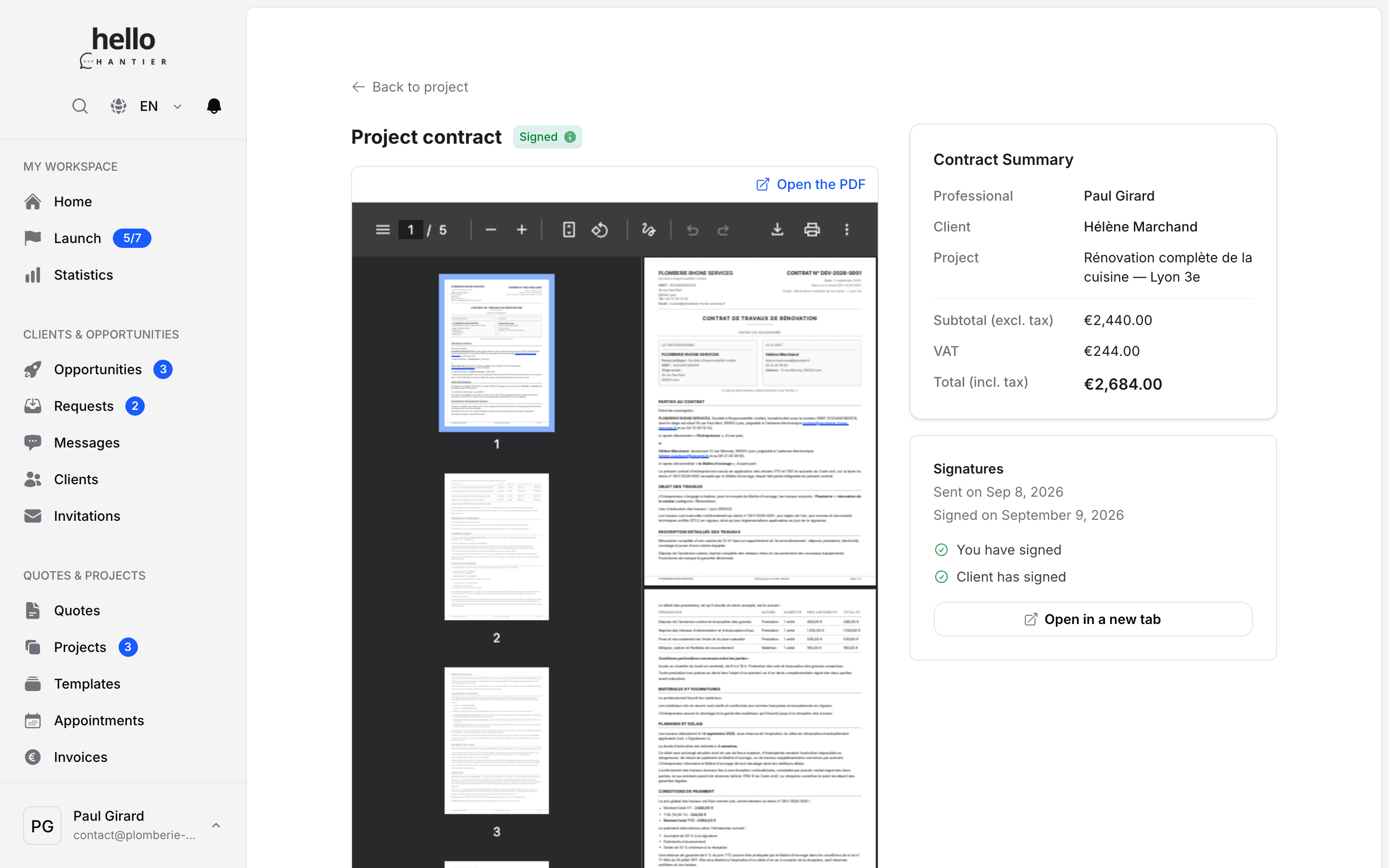 Contract screen for professionals: the contract generated from the quote, its signature status and the PDF.