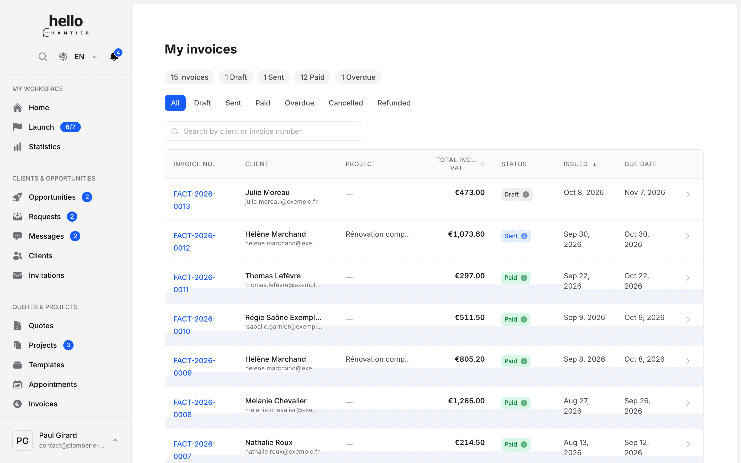 Invoices screen for professionals: the invoices issued from the quote, with their payment status.