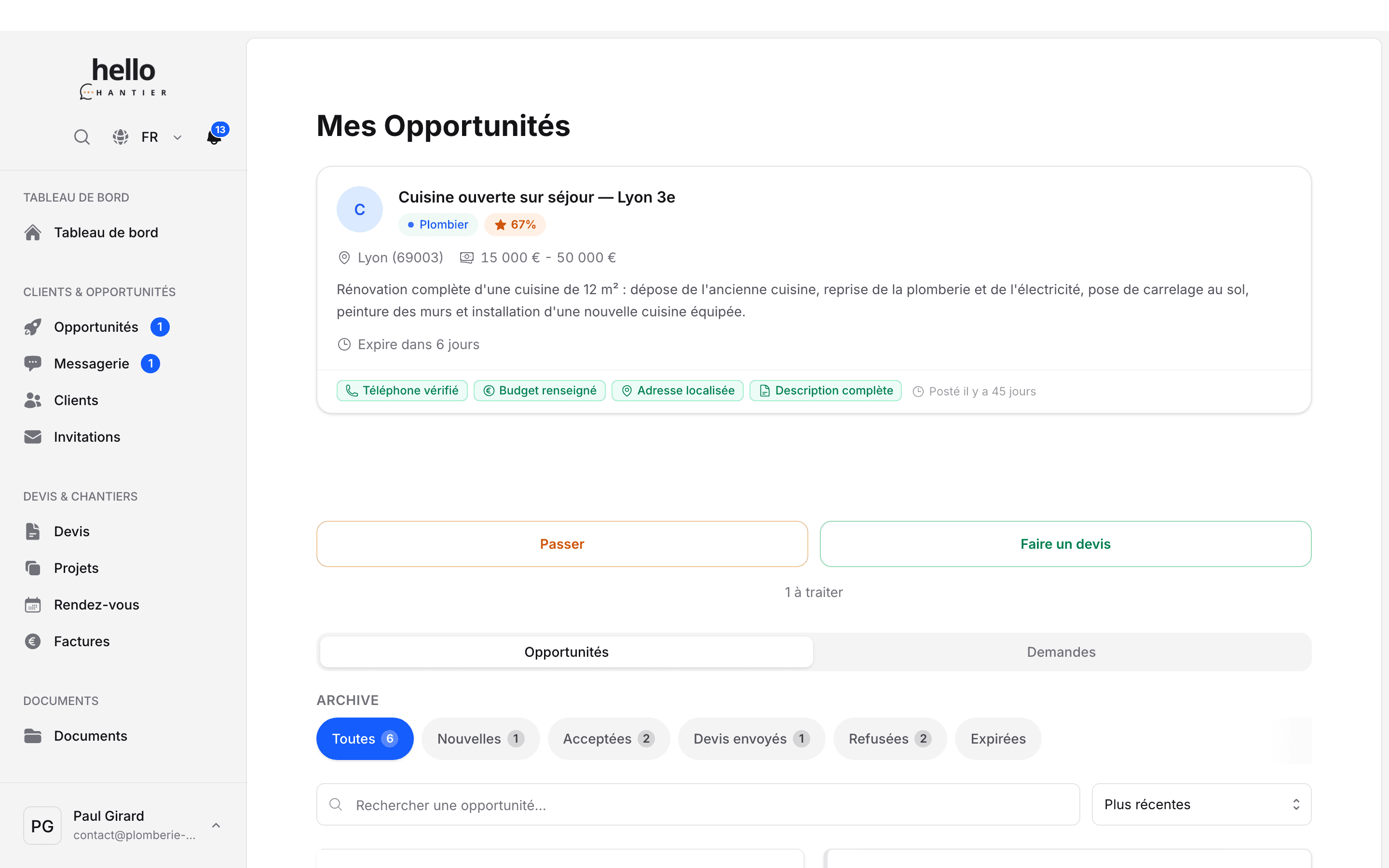 Liste d'opportunités de chantier avec leur statut, leur pourcentage de correspondance et leur budget.