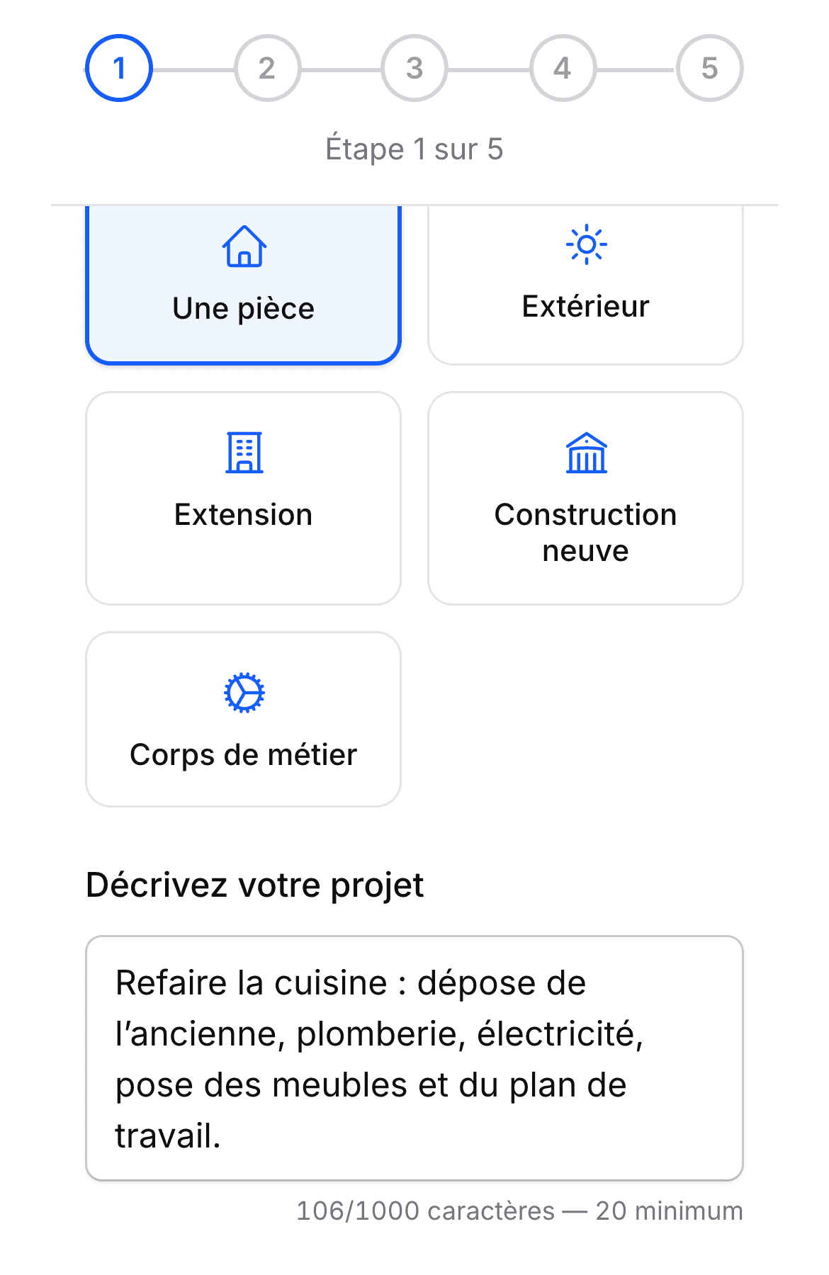 Écran « Parlons de votre projet » : le type de travaux choisi et le projet décrit en quelques lignes.