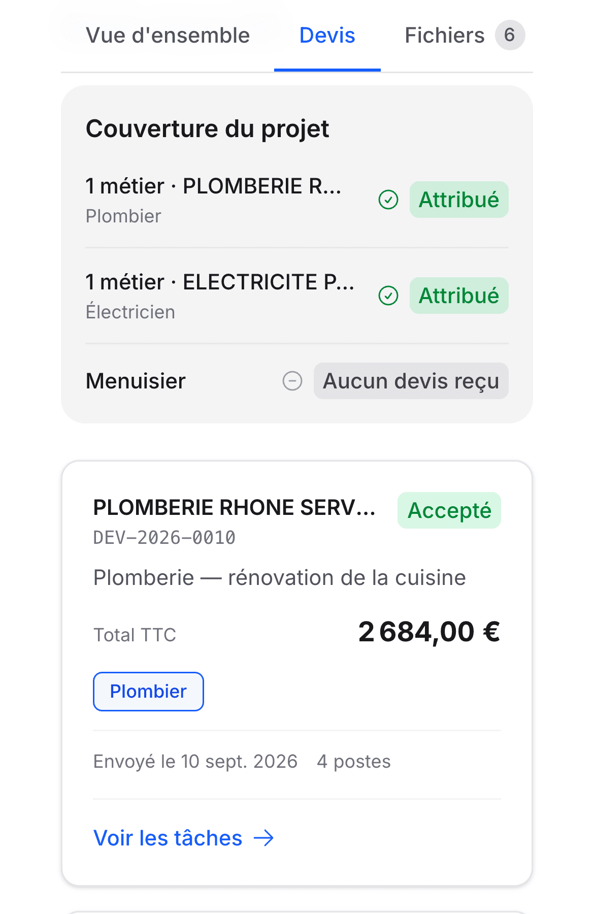Écran des devis du projet : la couverture par métier, puis le devis accepté avec son total.