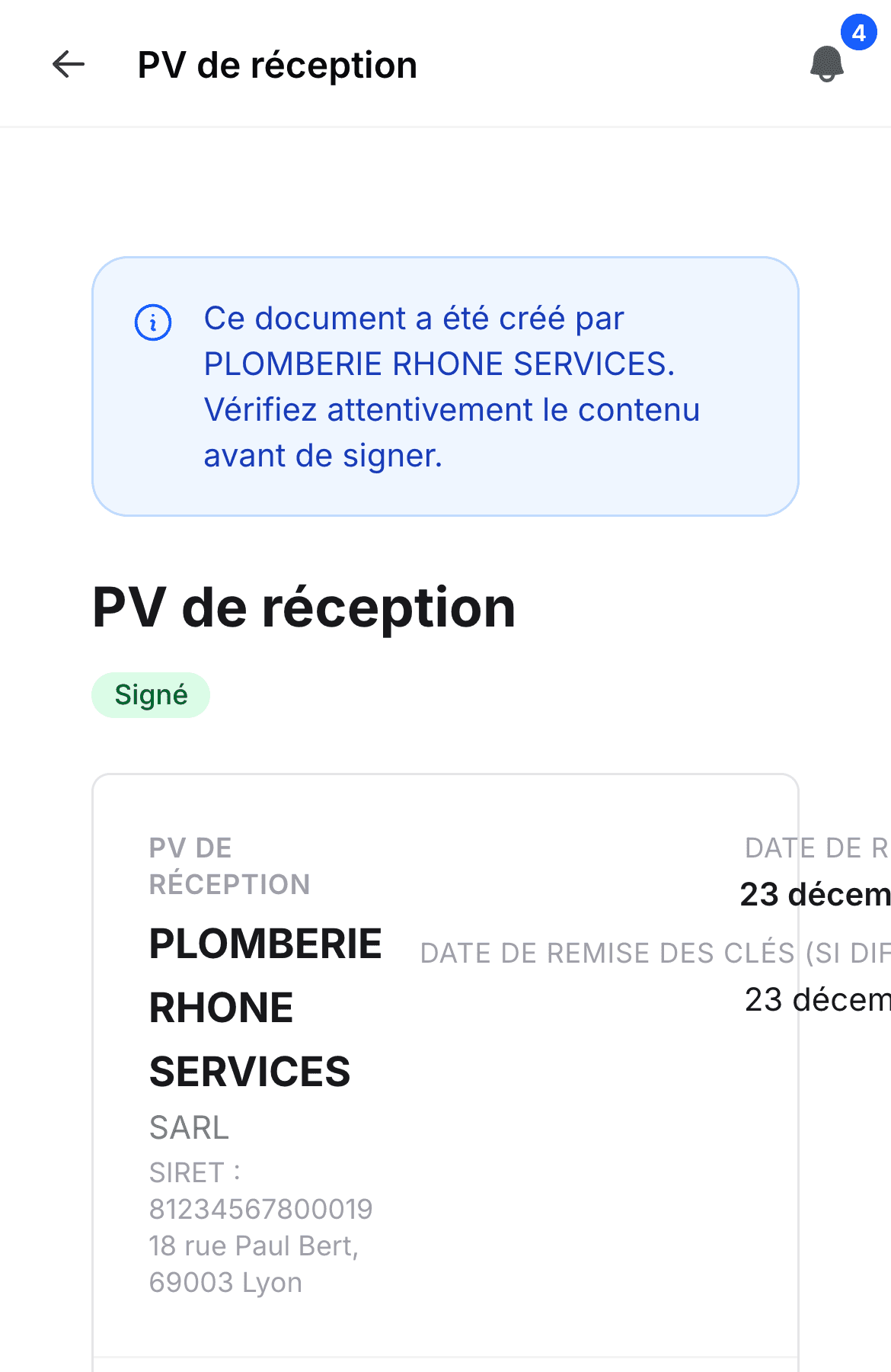 Écran du procès-verbal de réception : le statut « Signé », l’entreprise et la date de réception.