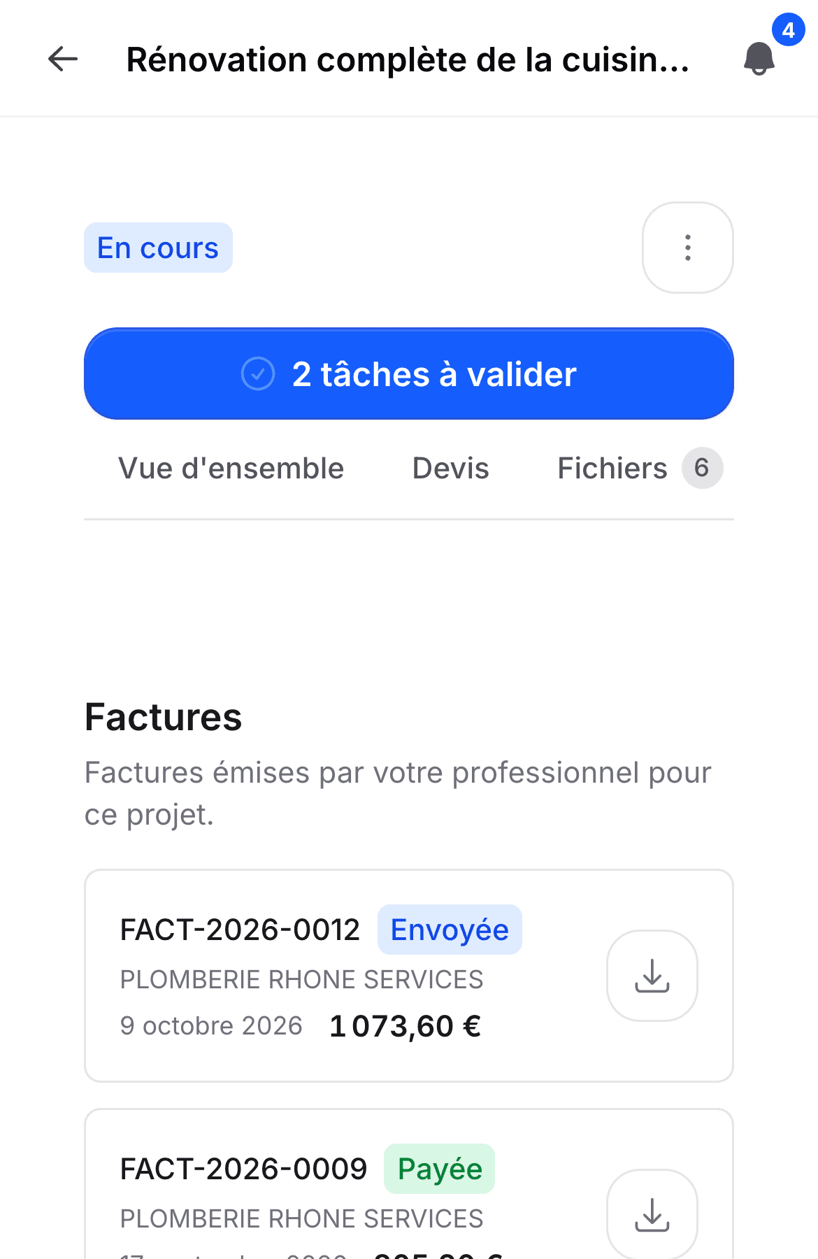 Écran des factures du projet : chaque facture avec son montant et son statut, « Envoyée » ou « Payée ».