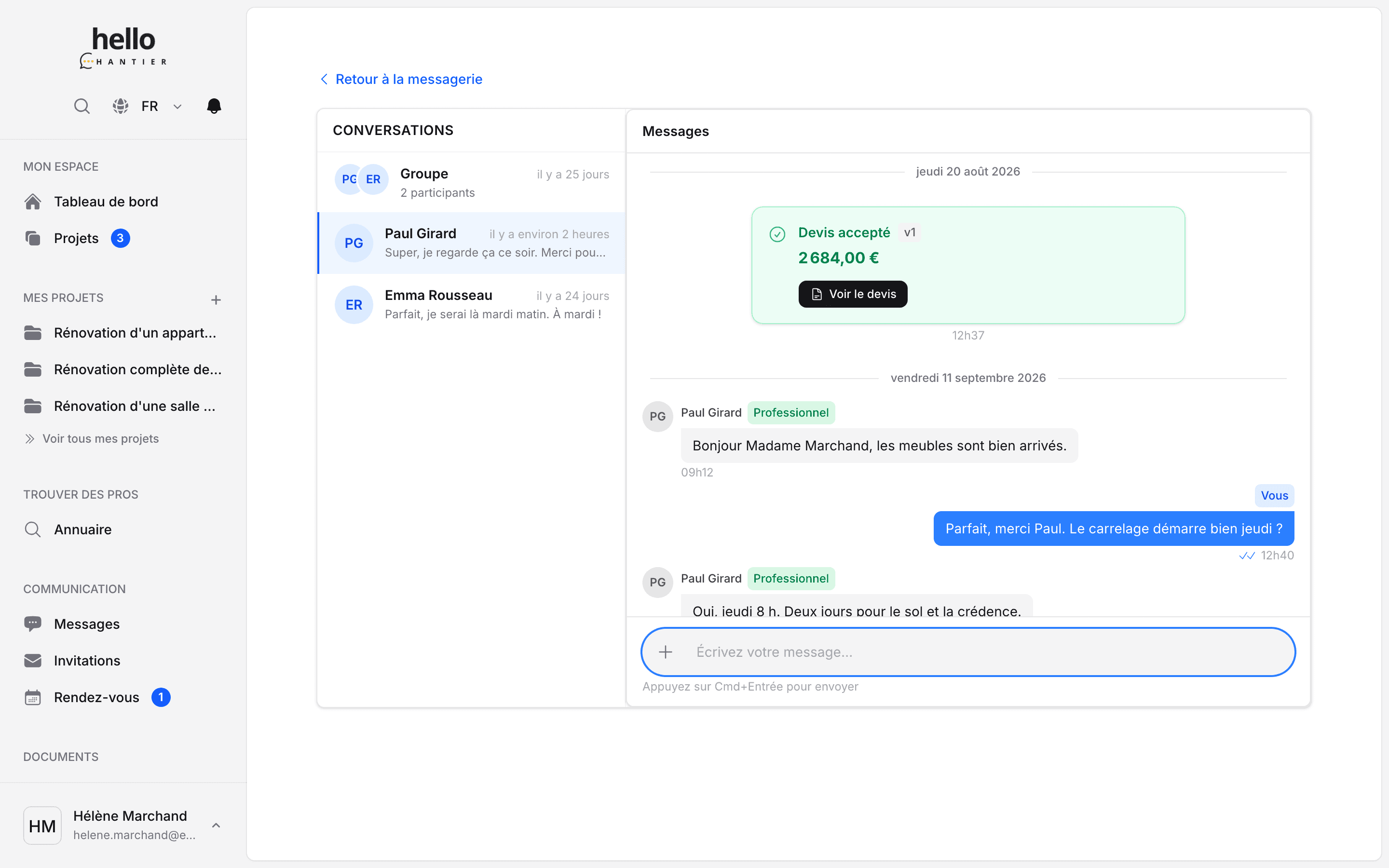 Messagerie du projet avec un fil de groupe et des fils par professionnel, et une carte confirmant un devis accepté.