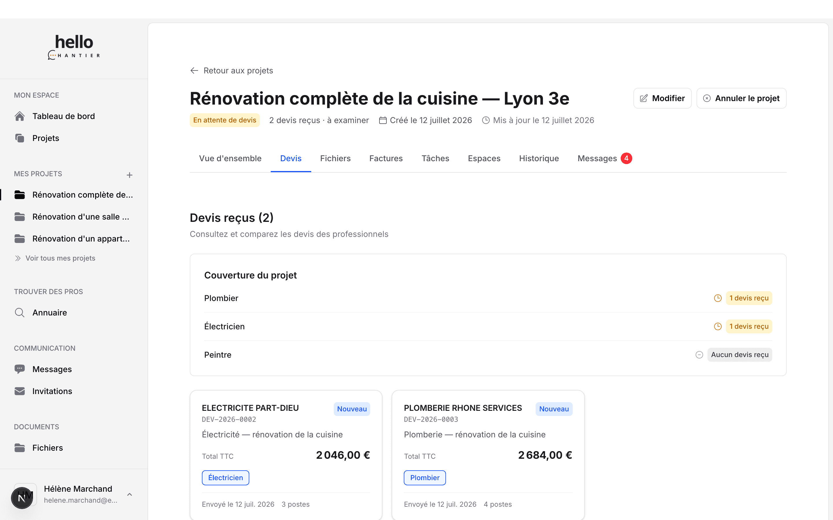 Onglet Devis affichant la couverture du projet par corps de métier et deux devis à comparer avec leurs montants toutes taxes comprises.