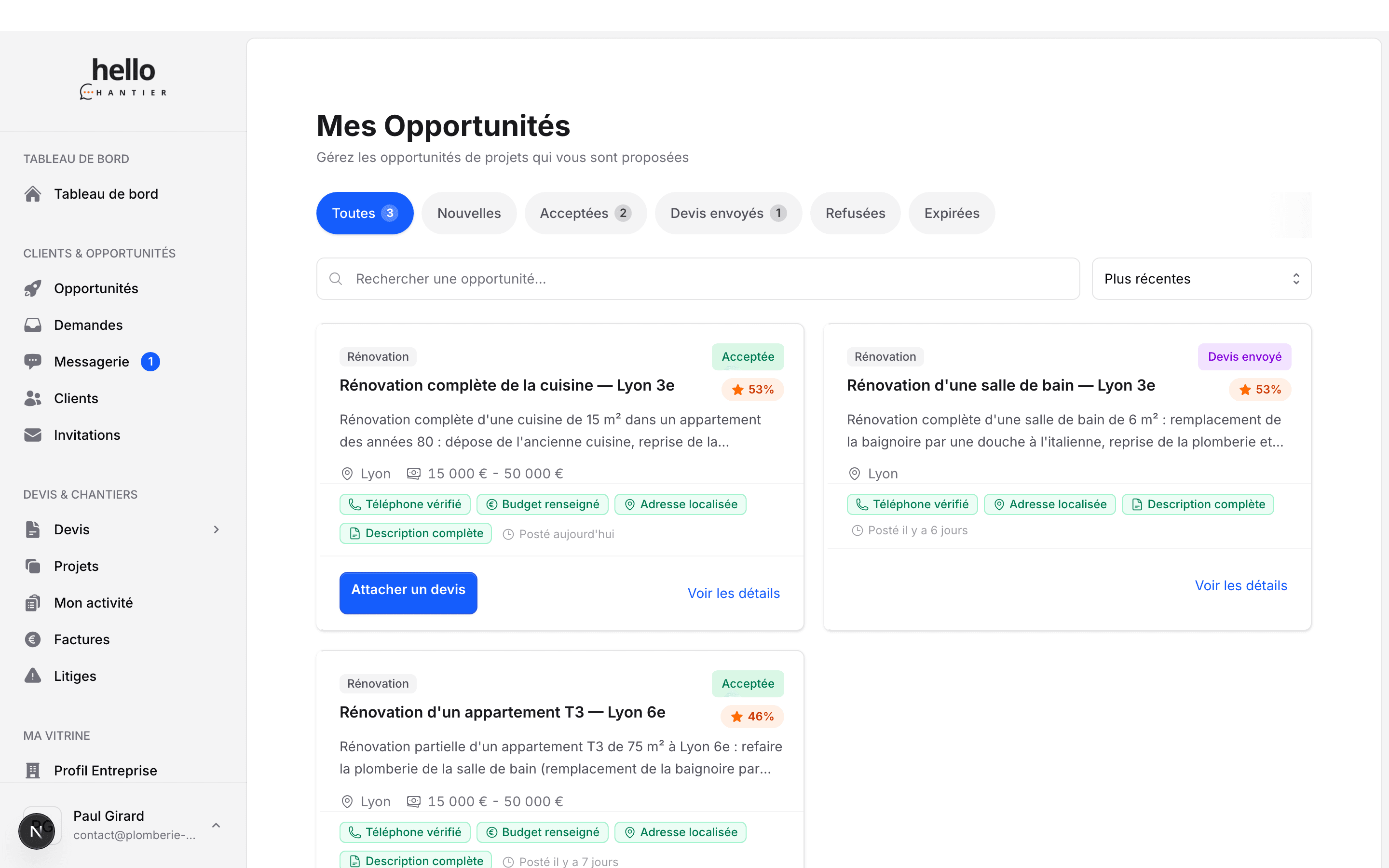 Liste d'opportunités de chantier avec leur statut, leur pourcentage de correspondance et leur budget.